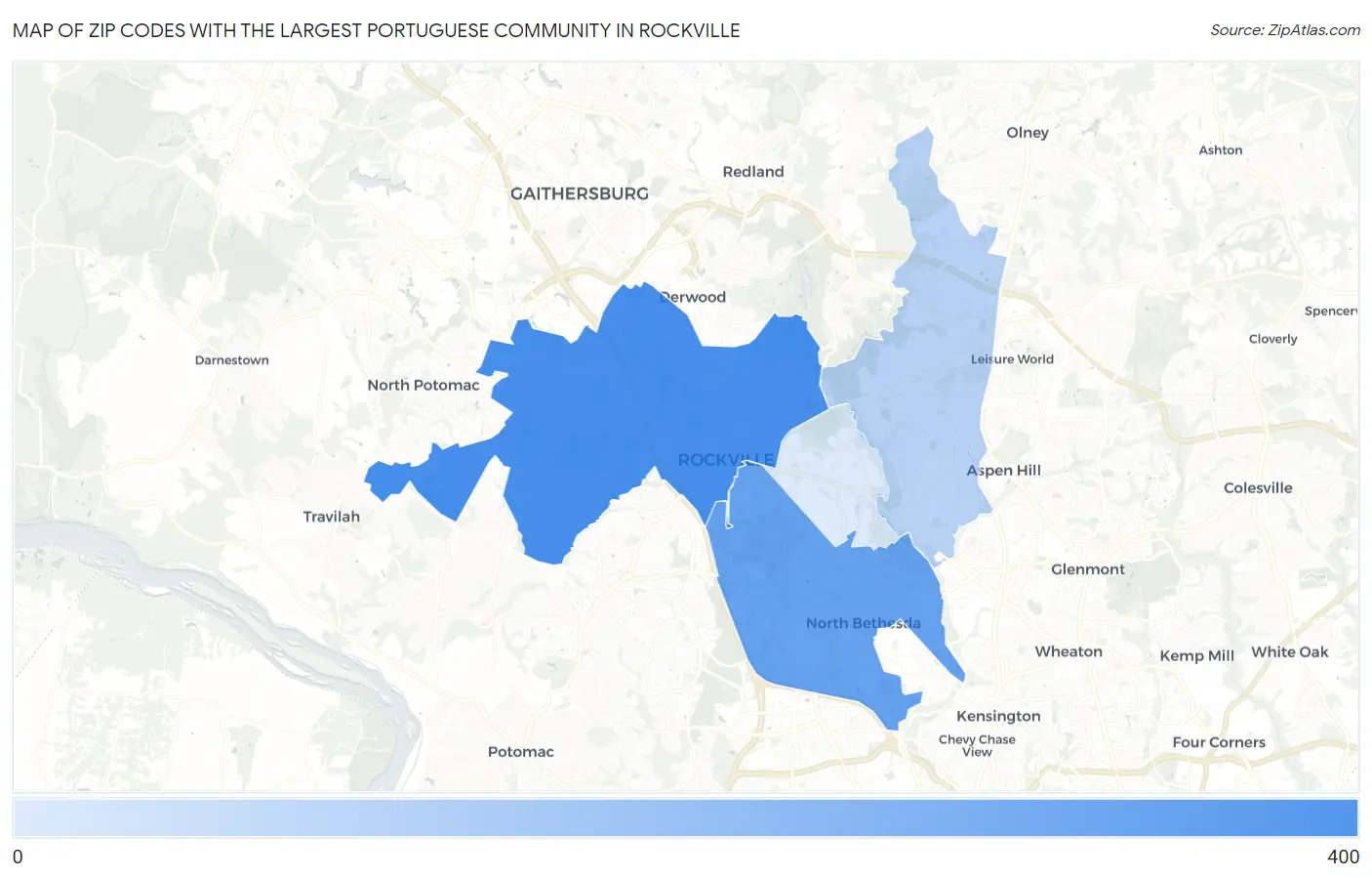 Zip Codes with the Largest Portuguese Community in Rockville Map