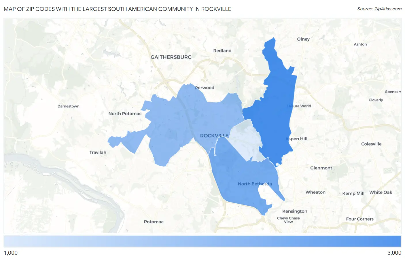 Zip Codes with the Largest South American Community in Rockville Map