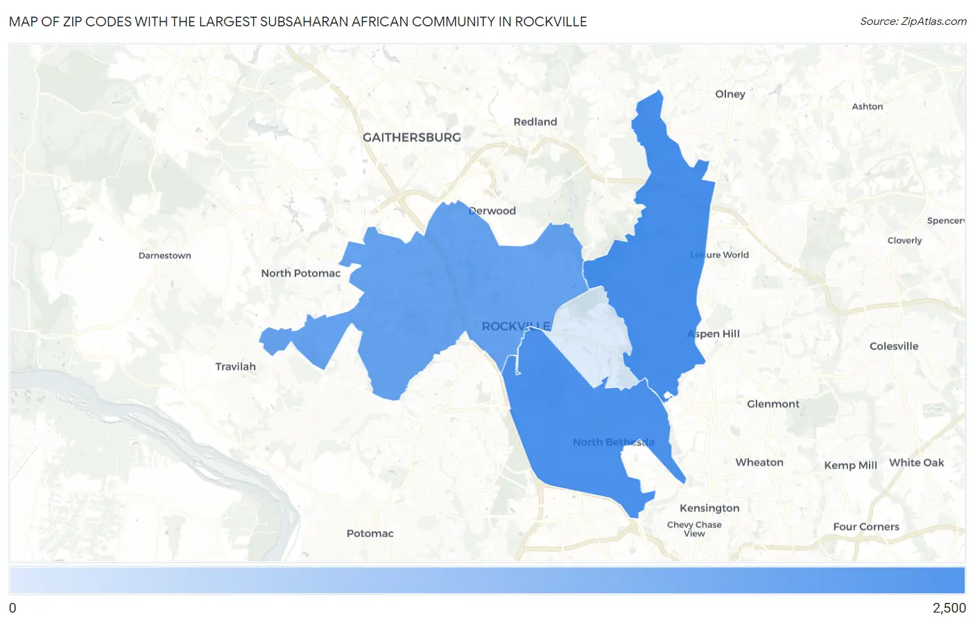 Zip Codes with the Largest Subsaharan African Community in Rockville Map
