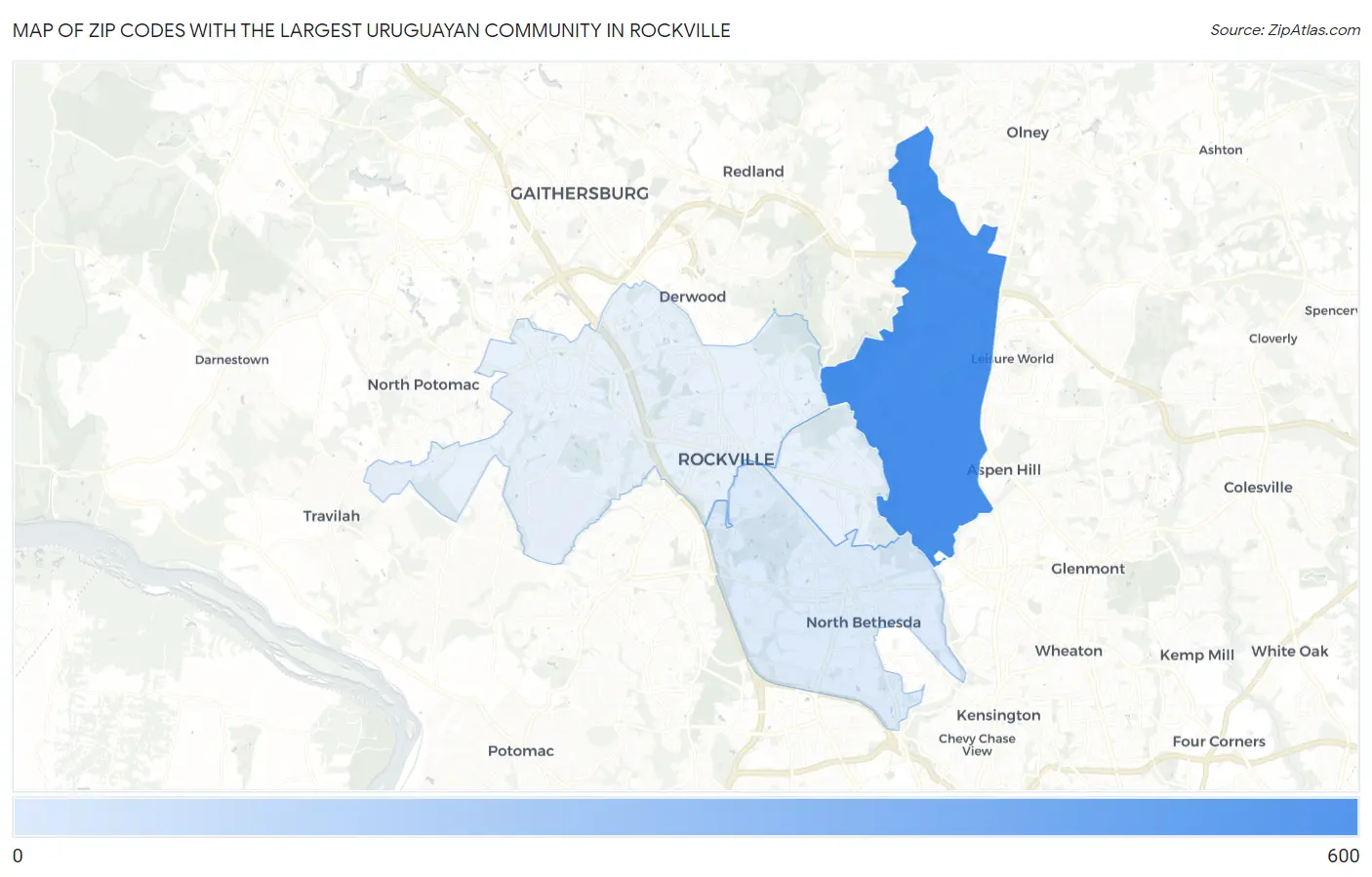 Zip Codes with the Largest Uruguayan Community in Rockville Map