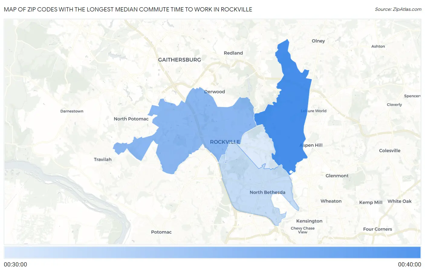 Zip Codes with the Longest Median Commute Time to Work in Rockville Map