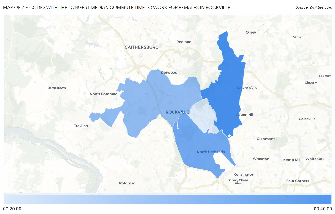 Zip Codes with the Longest Median Commute Time to Work for Females in Rockville Map