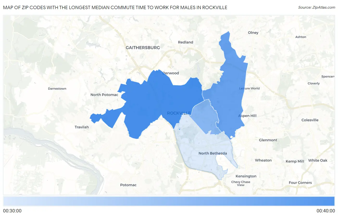 Zip Codes with the Longest Median Commute Time to Work for Males in Rockville Map