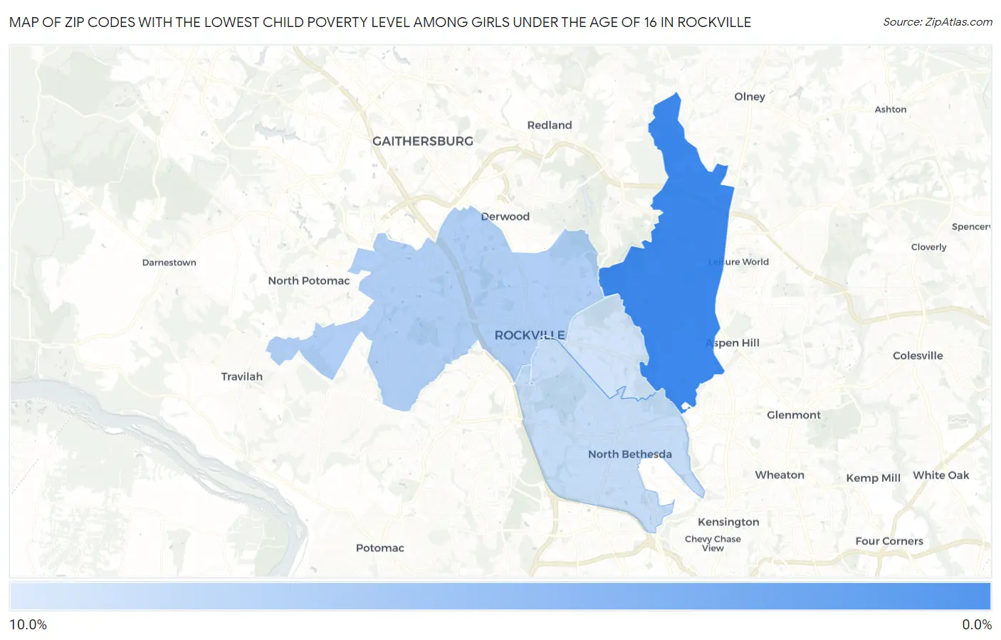 Zip Codes with the Lowest Child Poverty Level Among Girls Under the Age of 16 in Rockville Map