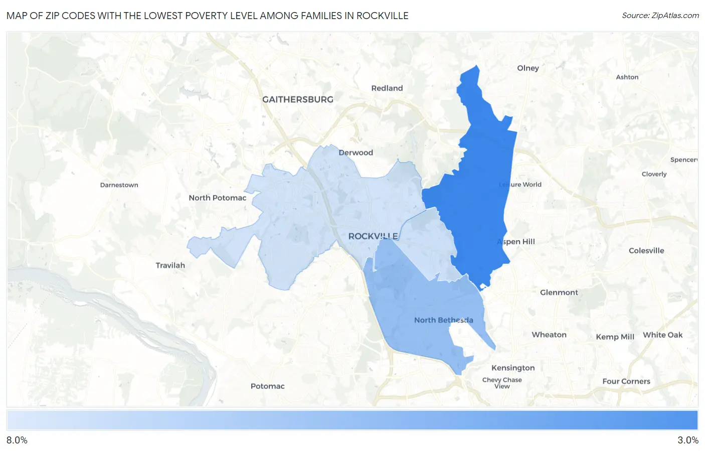 Zip Codes with the Lowest Poverty Level Among Families in Rockville Map