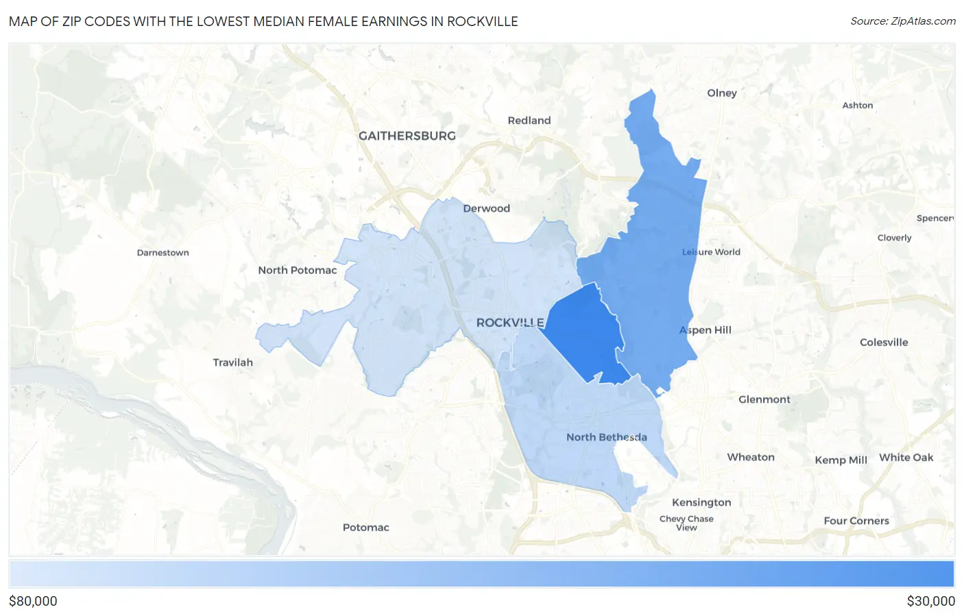 Zip Codes with the Lowest Median Female Earnings in Rockville Map