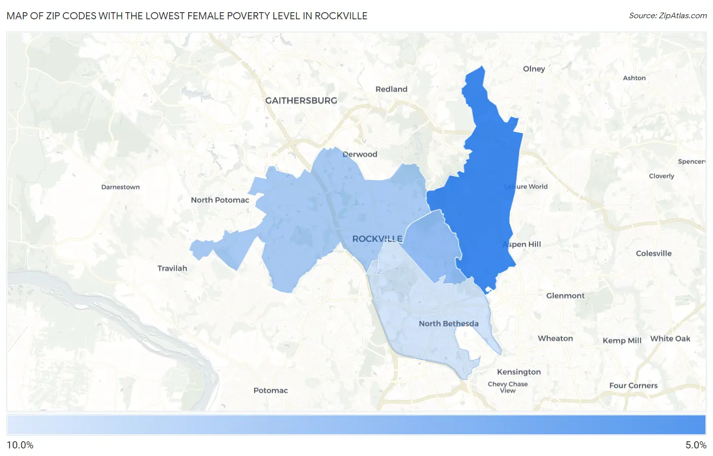 Zip Codes with the Lowest Female Poverty Level in Rockville Map