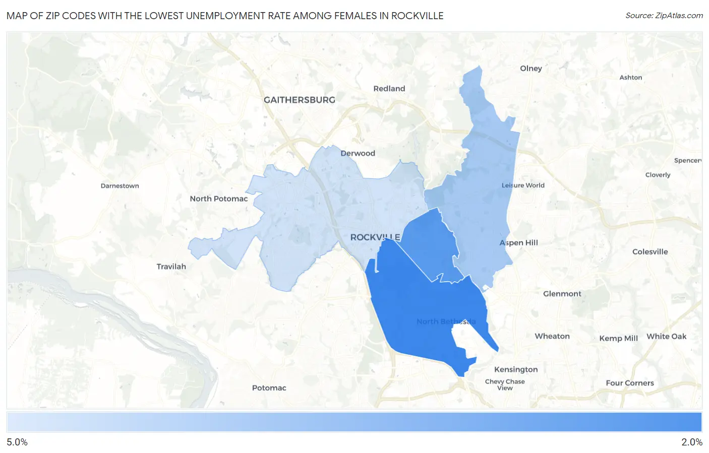 Zip Codes with the Lowest Unemployment Rate Among Females in Rockville Map