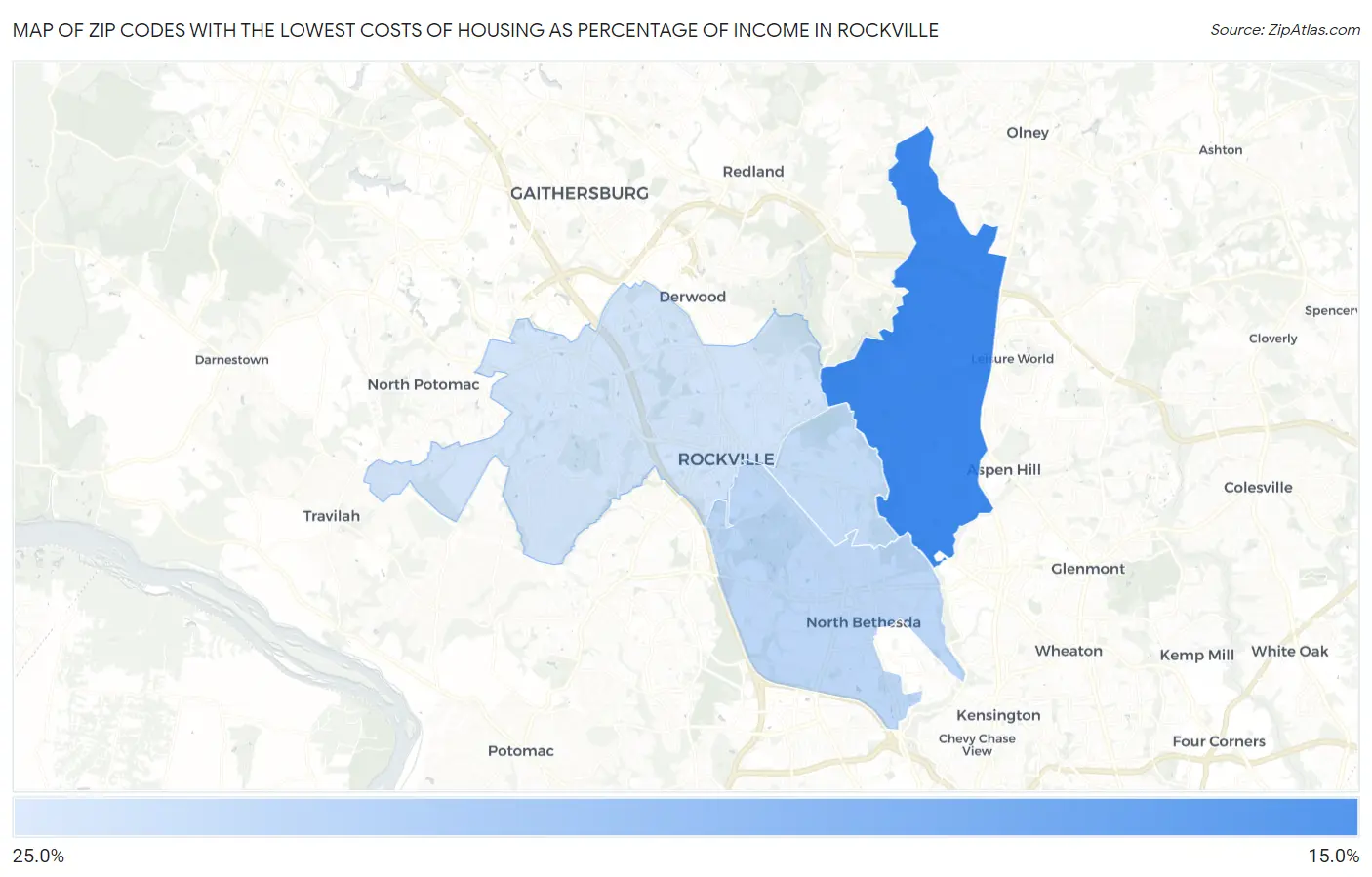 Zip Codes with the Lowest Costs of Housing as Percentage of Income in Rockville Map