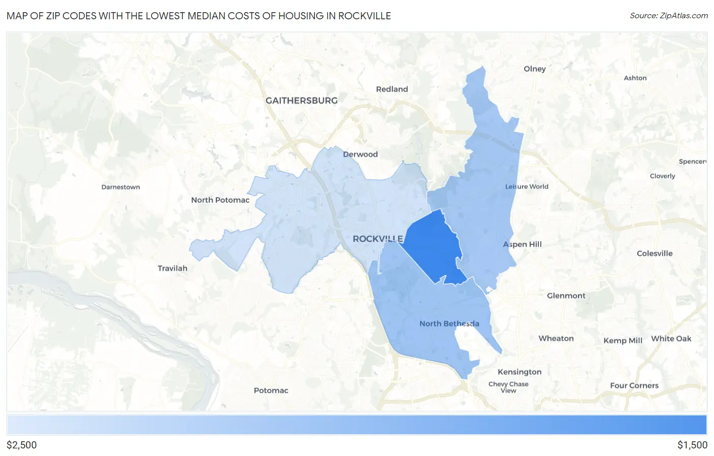 Zip Codes with the Lowest Median Costs of Housing in Rockville Map