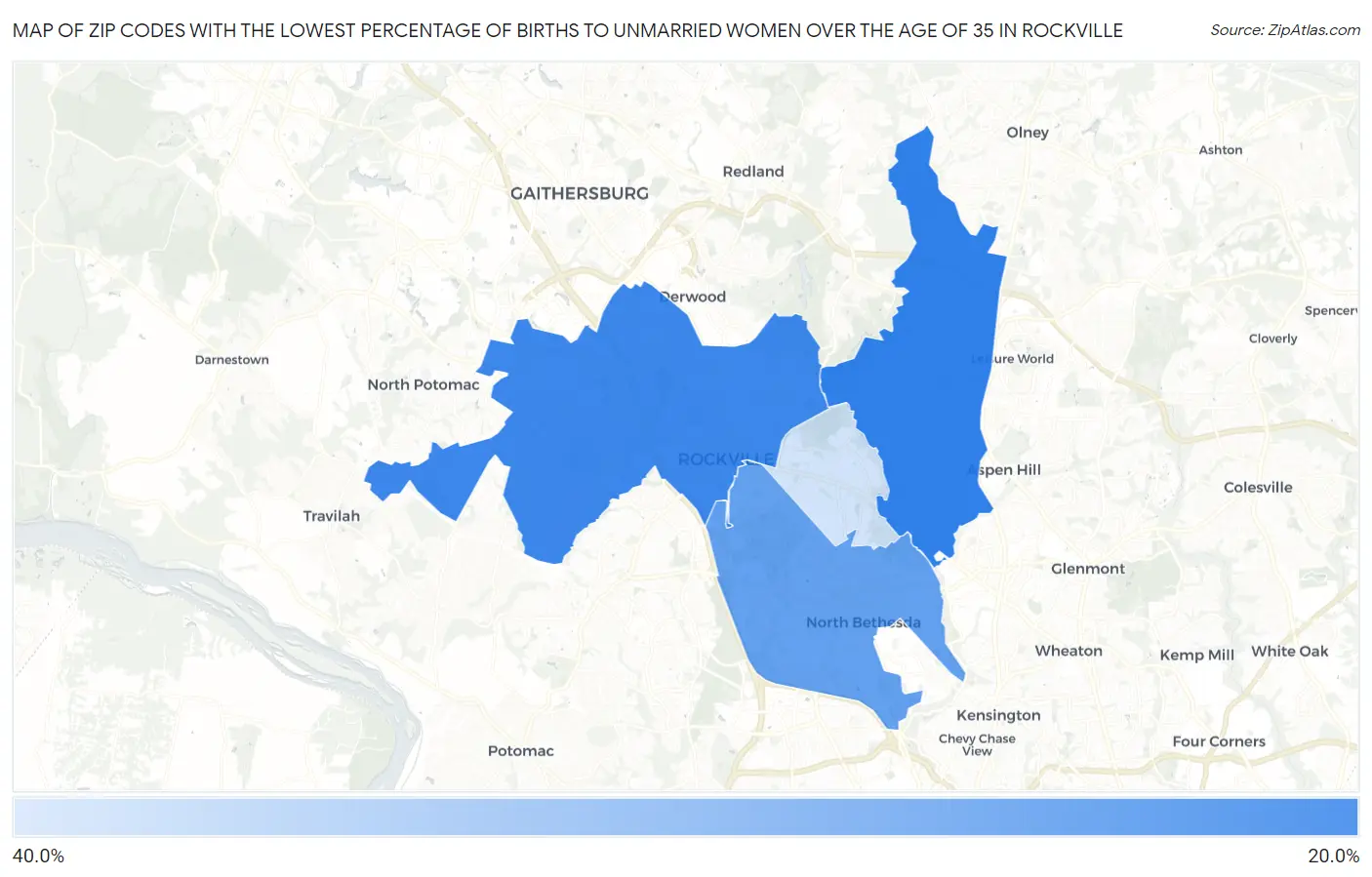 Zip Codes with the Lowest Percentage of Births to Unmarried Women over the Age of 35 in Rockville Map