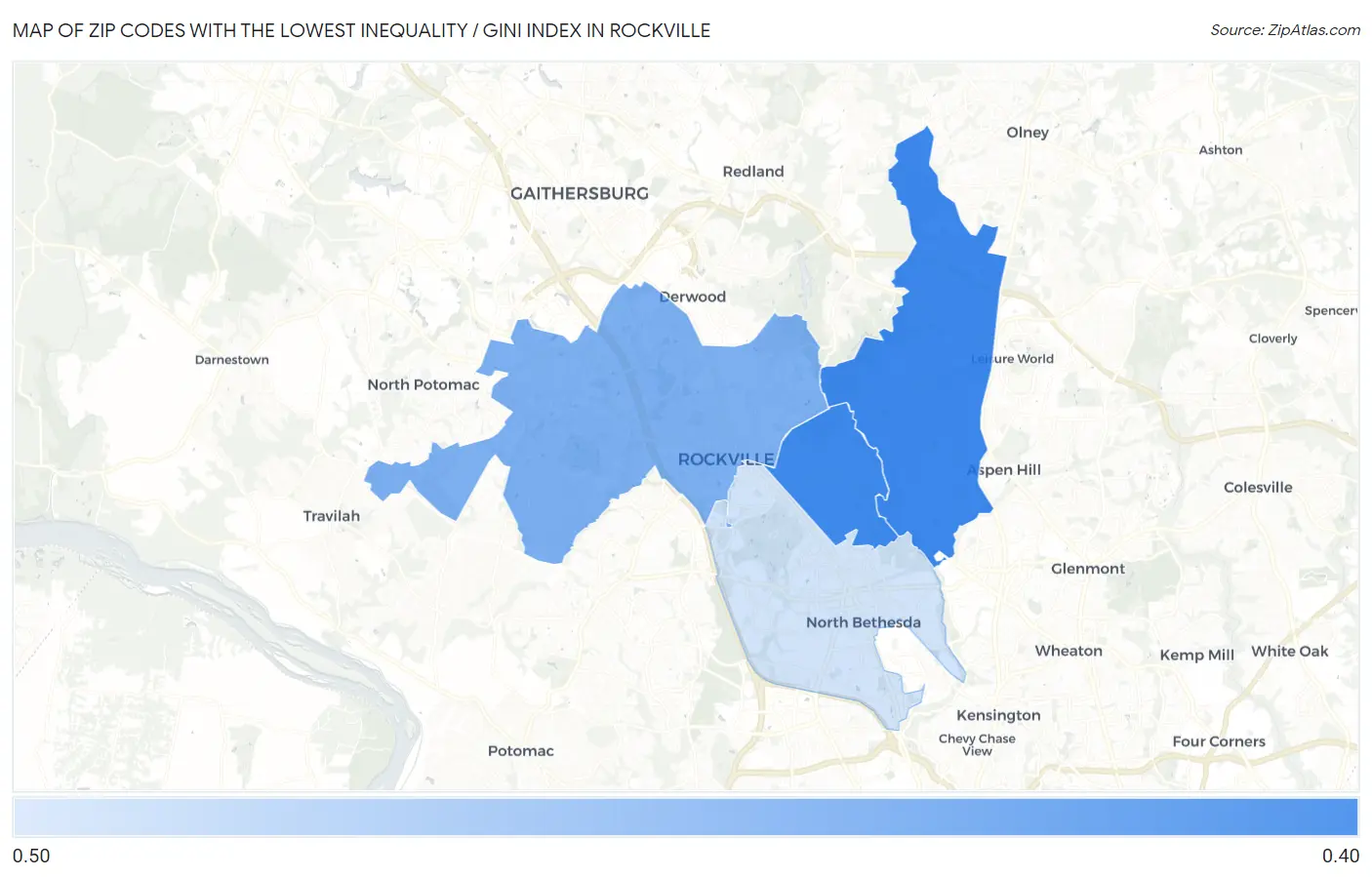 Zip Codes with the Lowest Inequality / Gini Index in Rockville Map