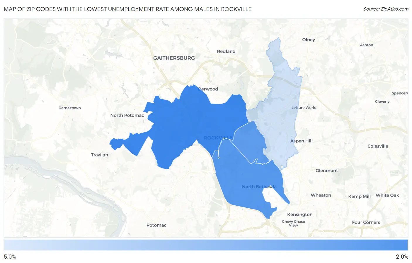Zip Codes with the Lowest Unemployment Rate Among Males in Rockville Map