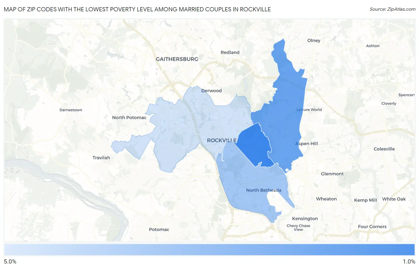 Zip Codes with the Lowest Poverty Level Among Married Couples in Rockville Map