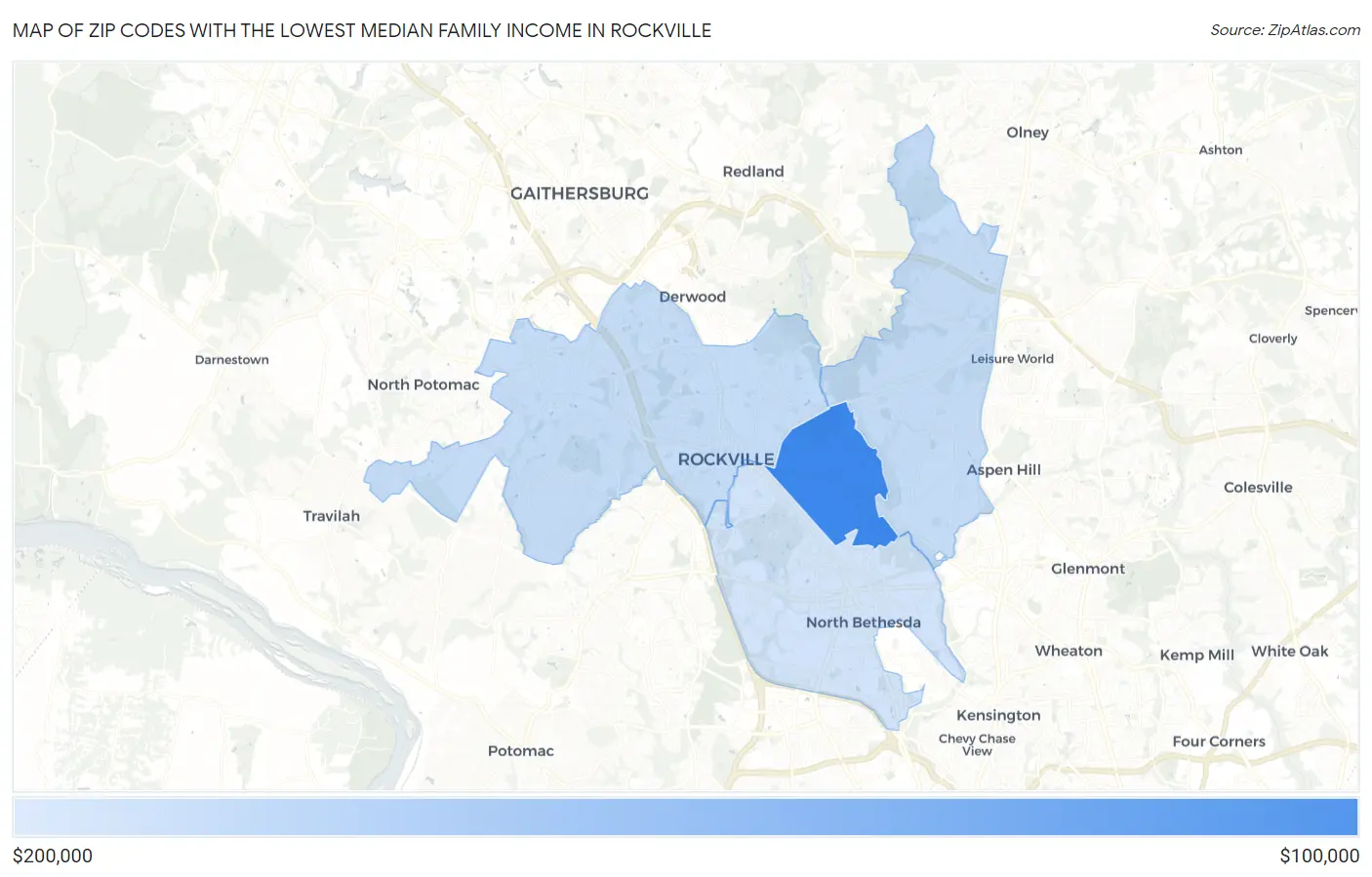 Zip Codes with the Lowest Median Family Income in Rockville Map