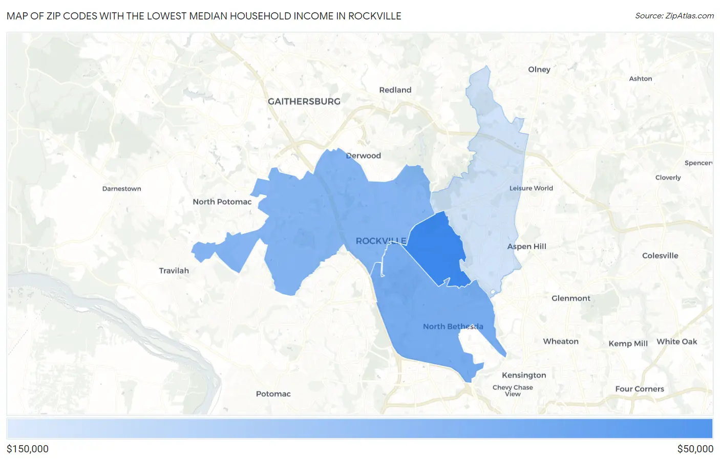 Zip Codes with the Lowest Median Household Income in Rockville Map