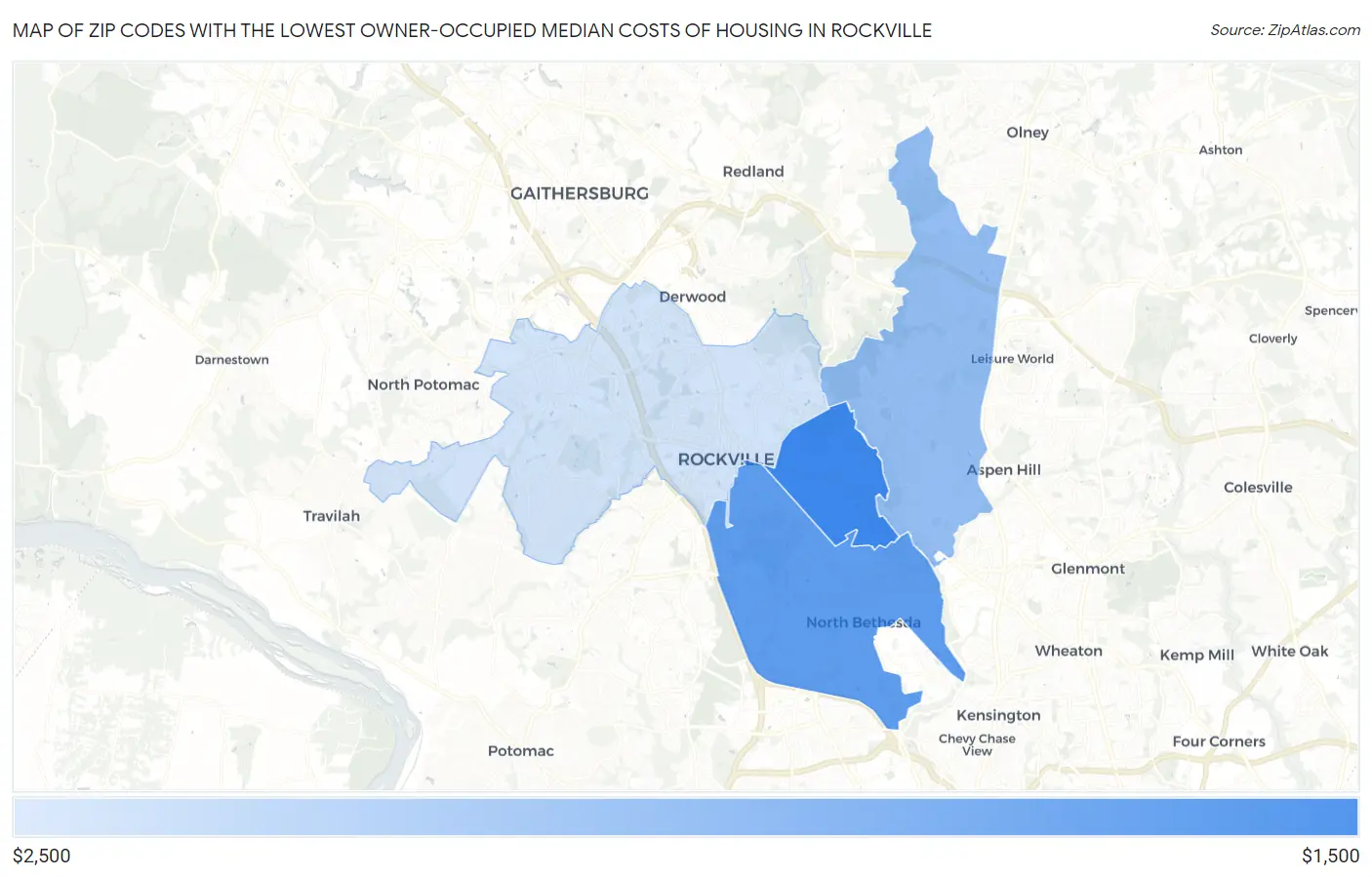 Zip Codes with the Lowest Owner-Occupied Median Costs of Housing in Rockville Map