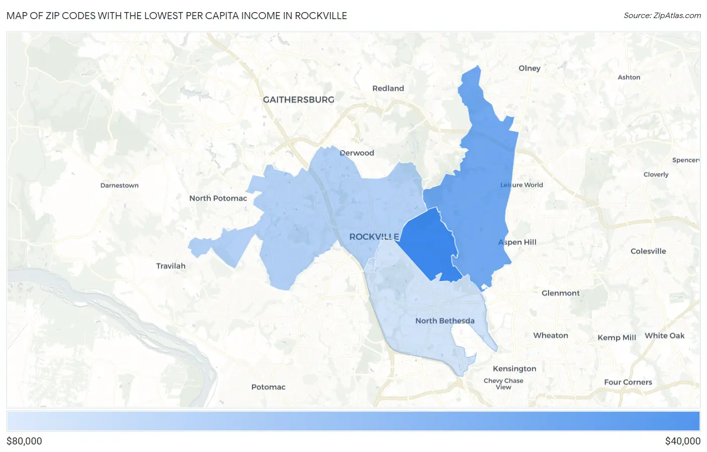 Zip Codes with the Lowest Per Capita Income in Rockville Map