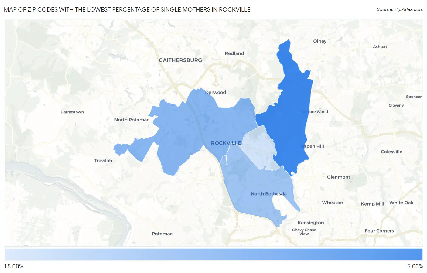 Zip Codes with the Lowest Percentage of Single Mothers in Rockville Map