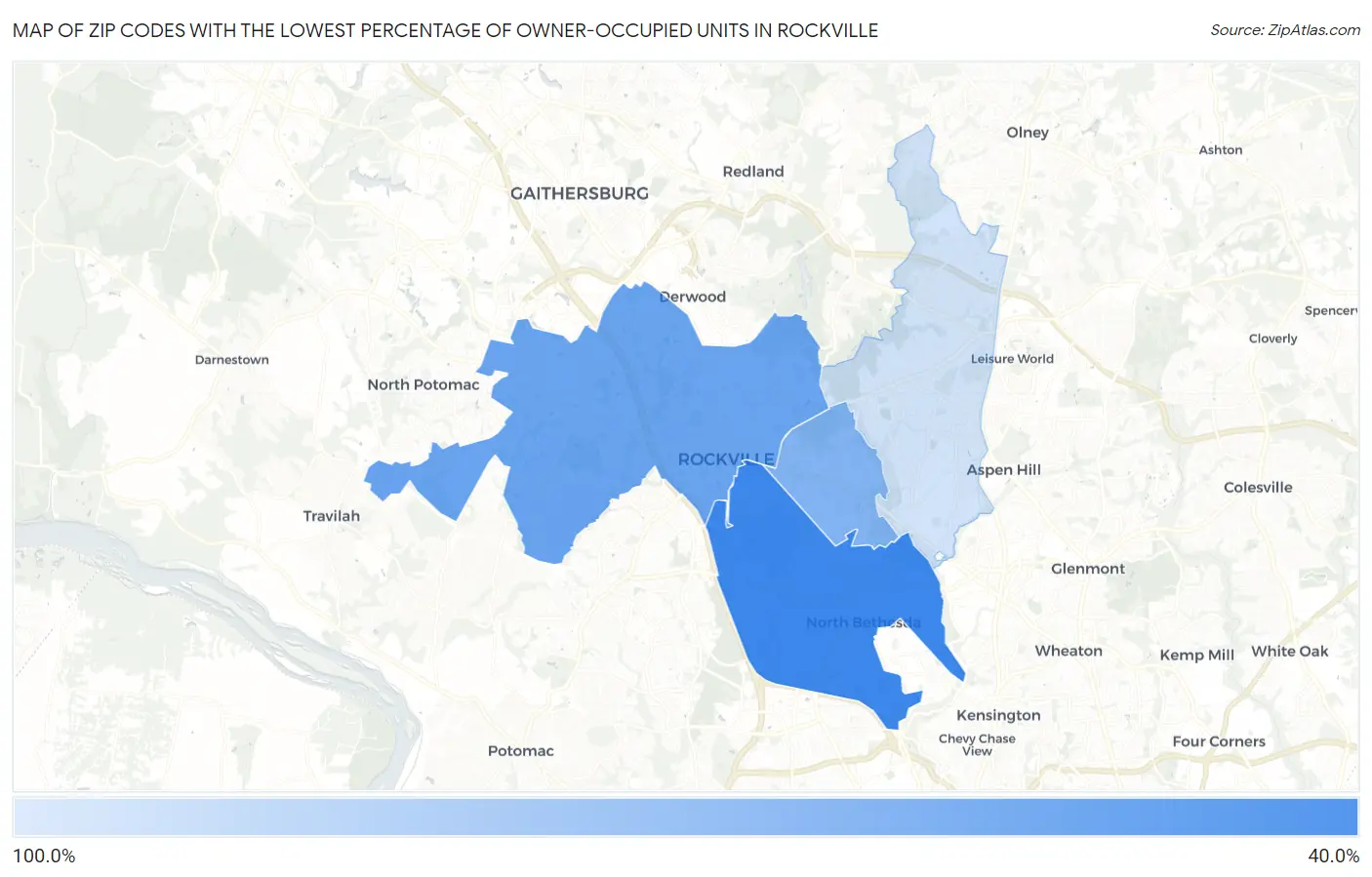 Zip Codes with the Lowest Percentage of Owner-Occupied Units in Rockville Map