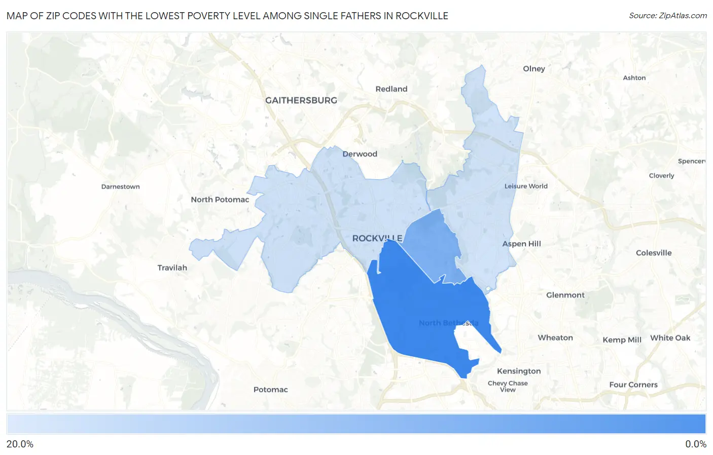Zip Codes with the Lowest Poverty Level Among Single Fathers in Rockville Map