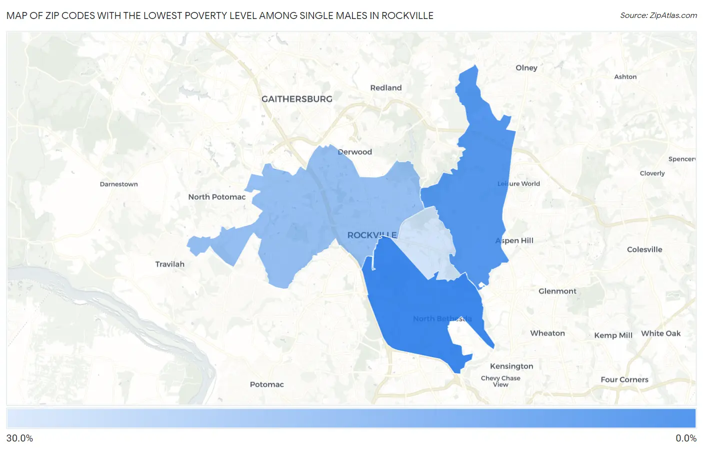 Zip Codes with the Lowest Poverty Level Among Single Males in Rockville Map