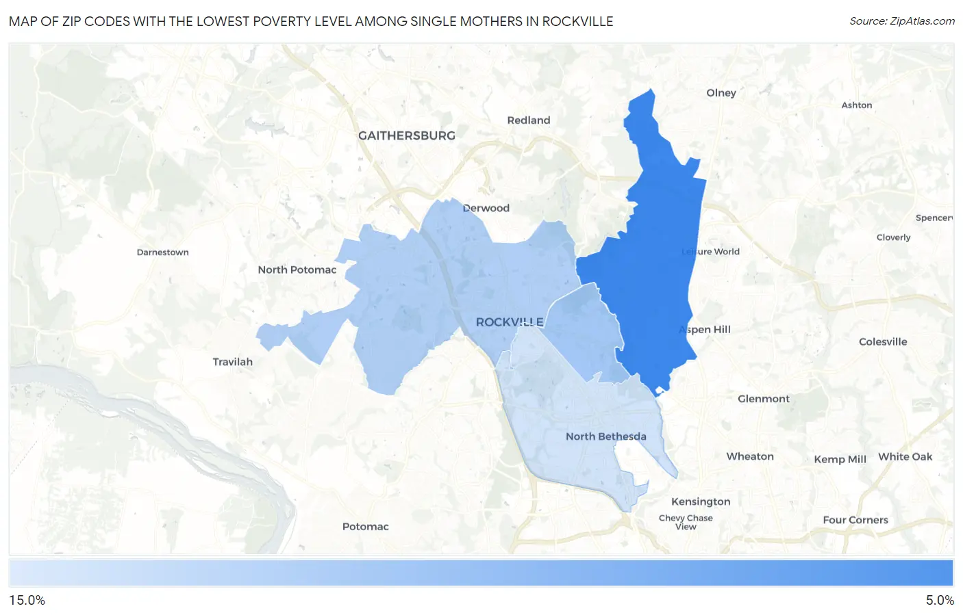 Zip Codes with the Lowest Poverty Level Among Single Mothers in Rockville Map