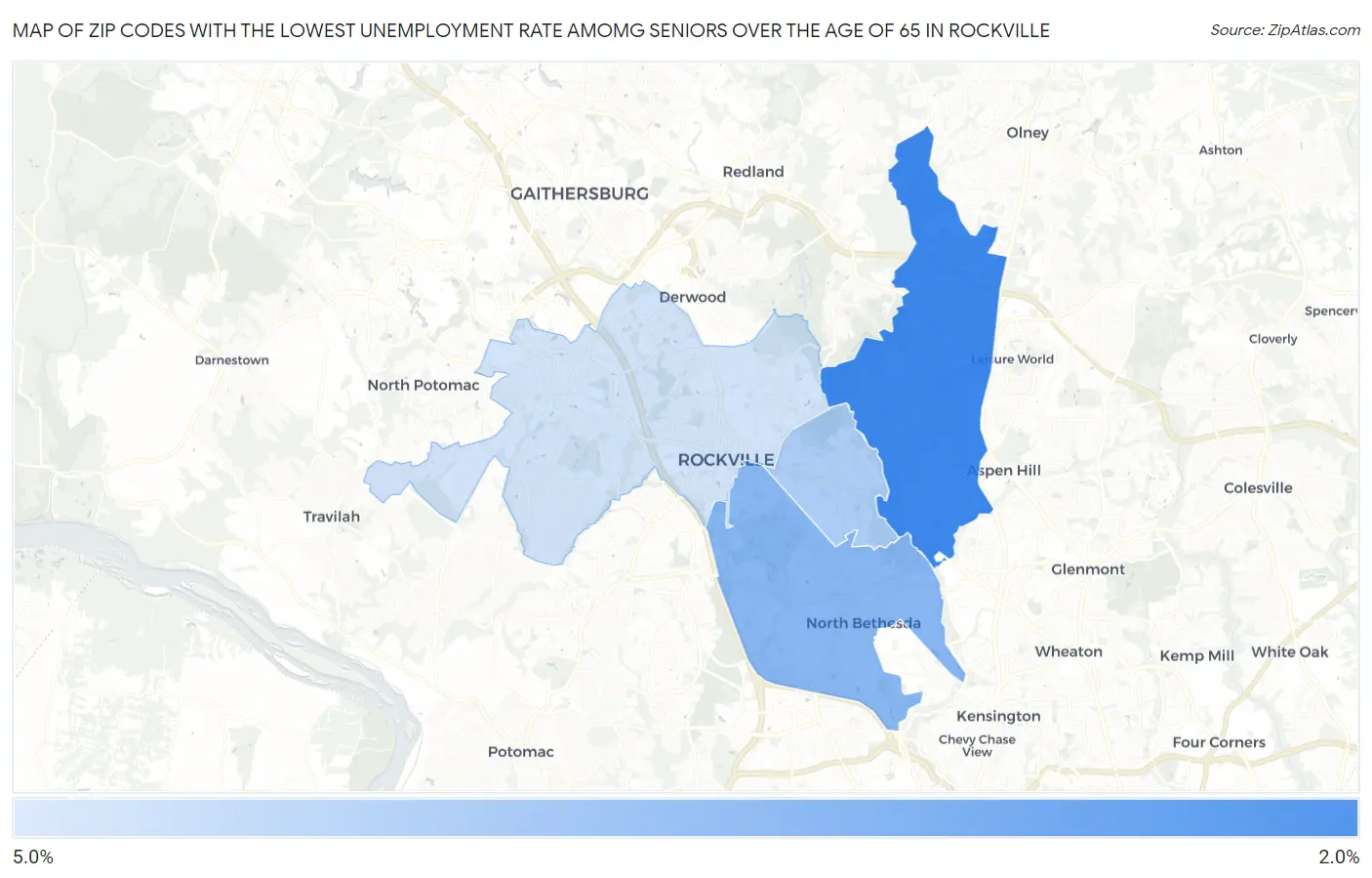 Zip Codes with the Lowest Unemployment Rate Amomg Seniors Over the Age of 65 in Rockville Map