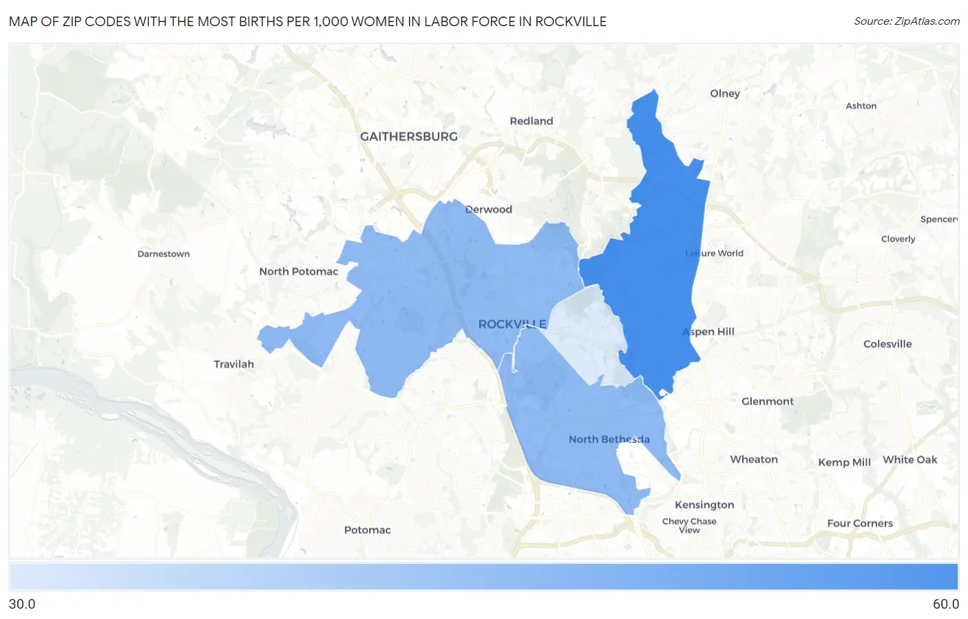 Zip Codes with the Most Births per 1,000 Women in Labor Force in Rockville Map