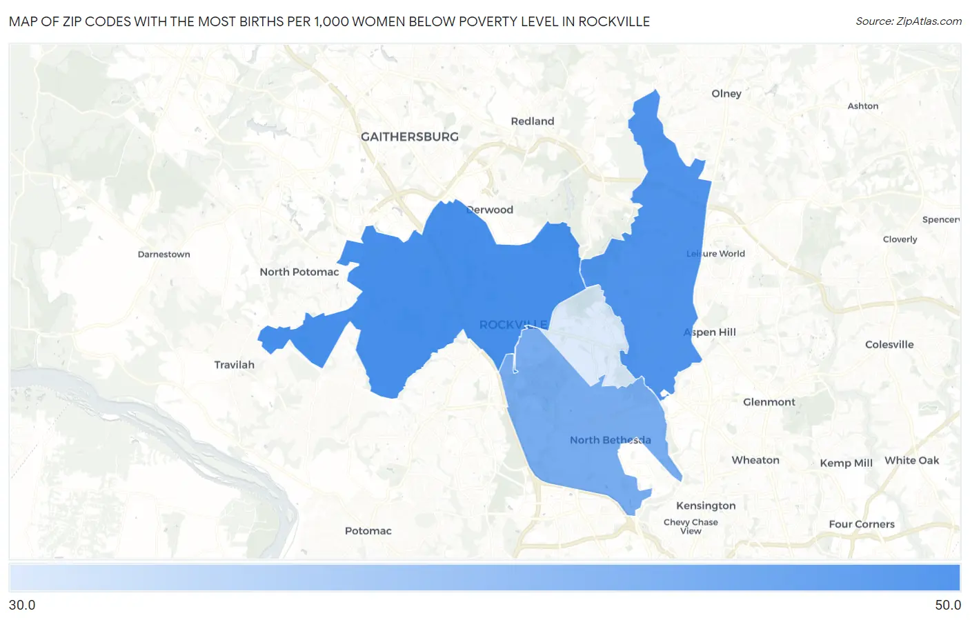 Zip Codes with the Most Births per 1,000 Women Below Poverty Level in Rockville Map