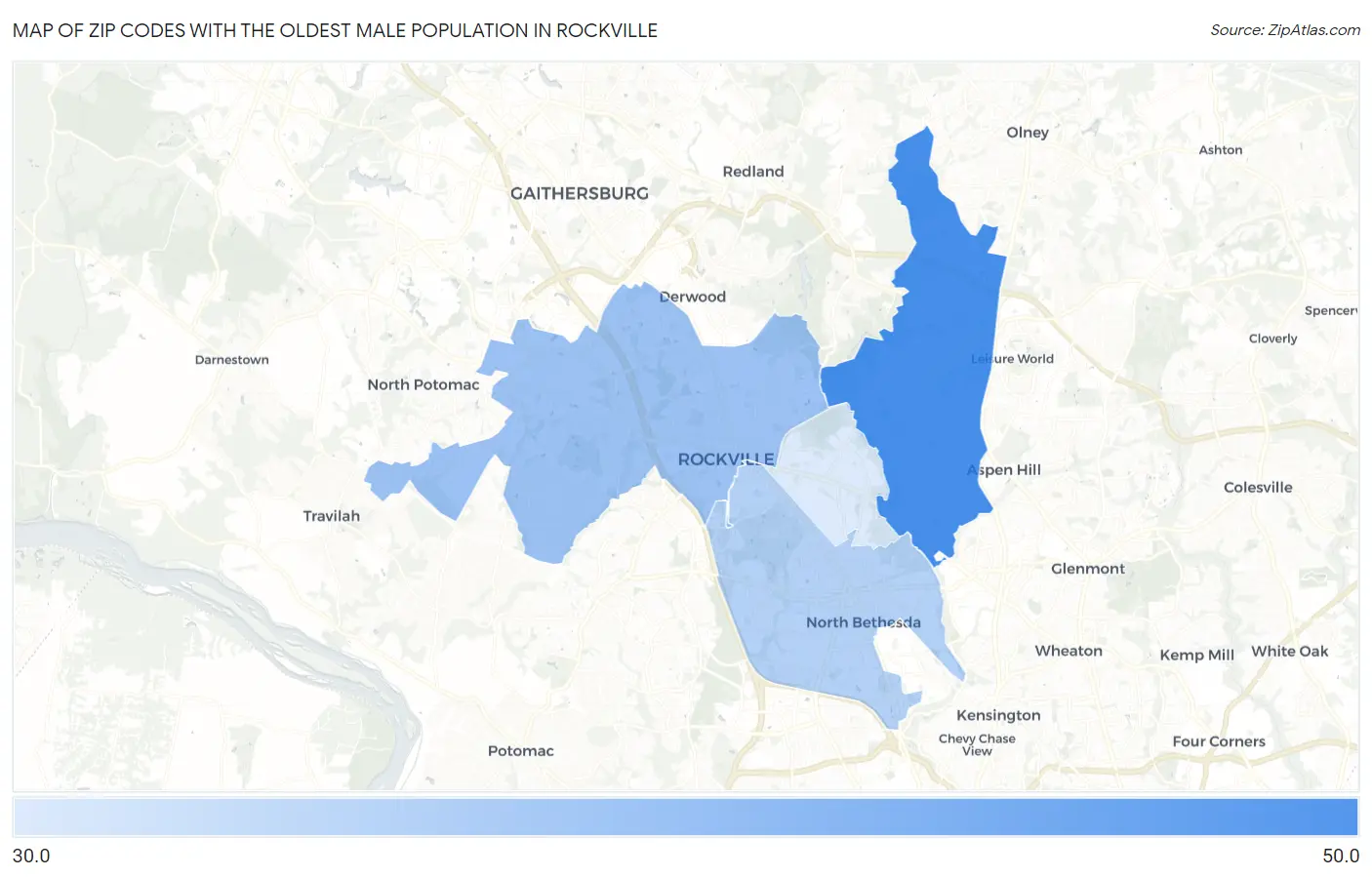 Zip Codes with the Oldest Male Population in Rockville Map