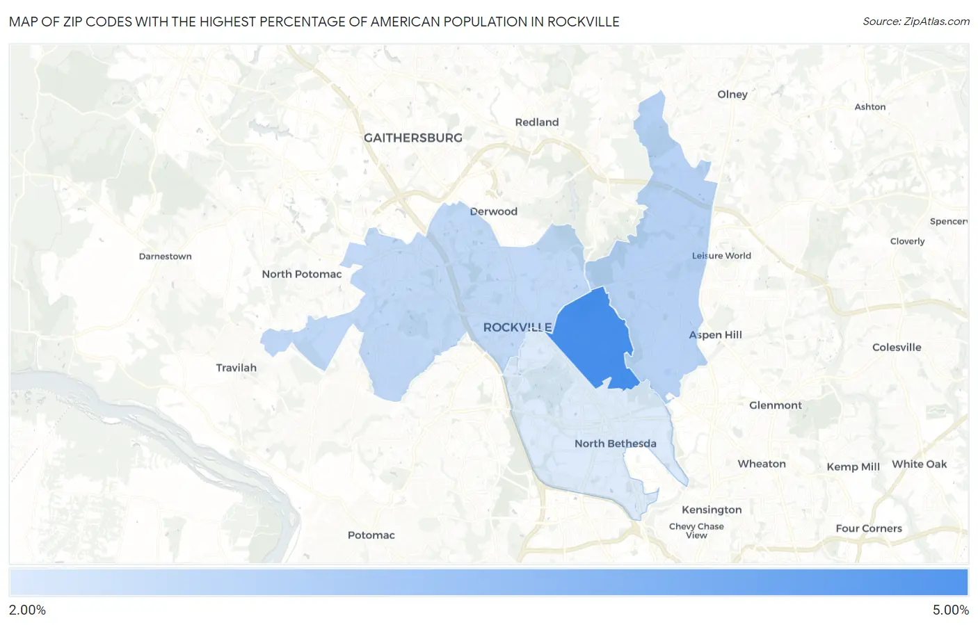 Zip Codes with the Highest Percentage of American Population in Rockville Map