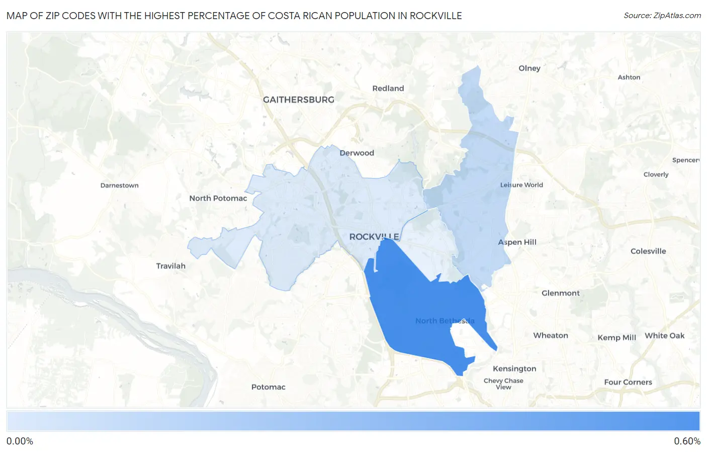 Zip Codes with the Highest Percentage of Costa Rican Population in Rockville Map