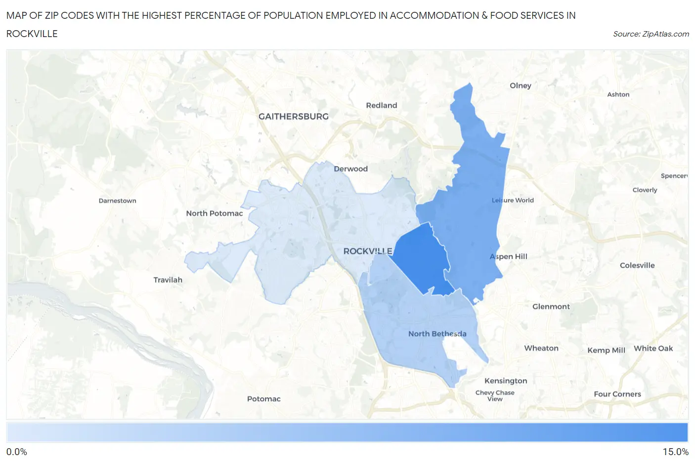Zip Codes with the Highest Percentage of Population Employed in Accommodation & Food Services in Rockville Map