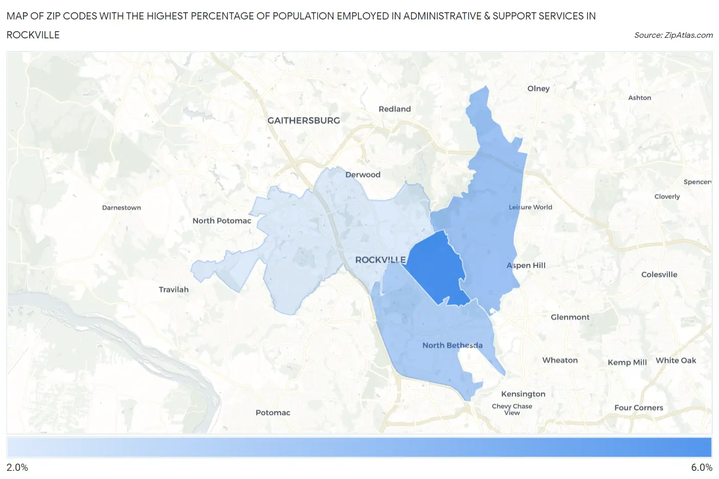 Zip Codes with the Highest Percentage of Population Employed in Administrative & Support Services in Rockville Map