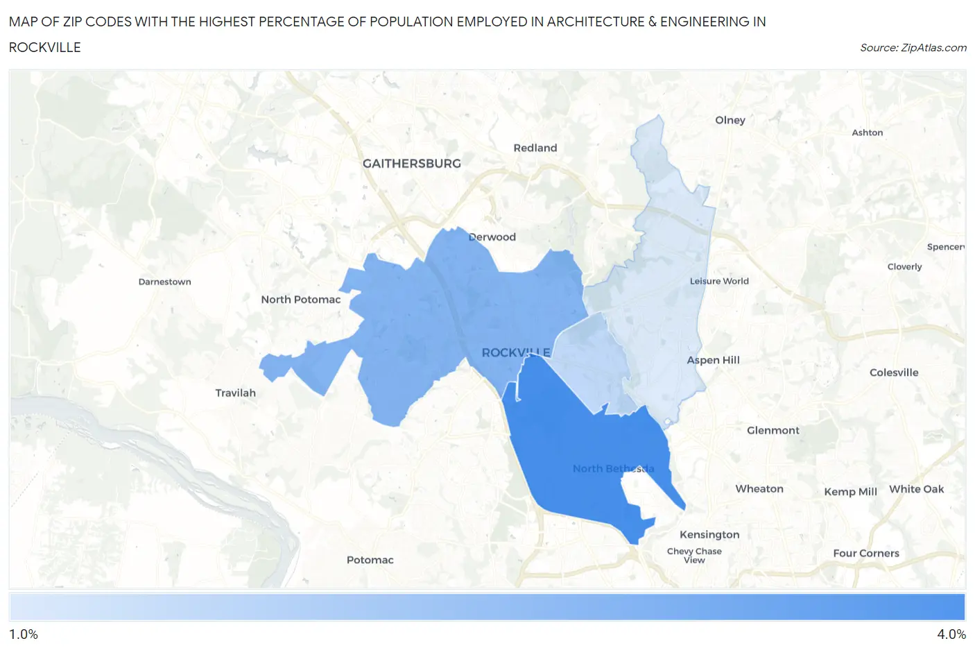 Zip Codes with the Highest Percentage of Population Employed in Architecture & Engineering in Rockville Map