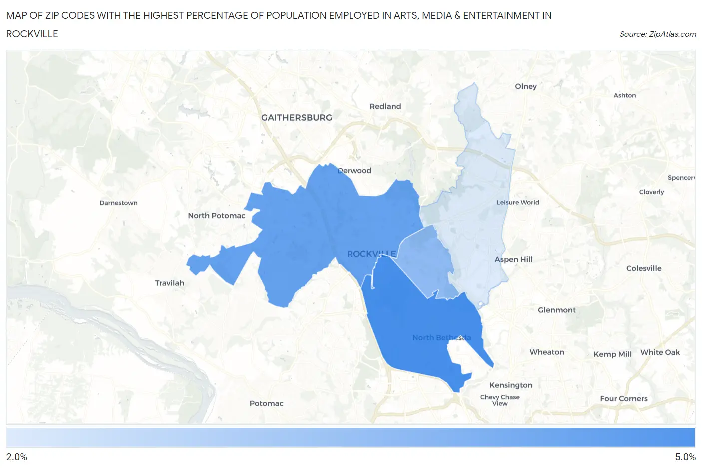 Zip Codes with the Highest Percentage of Population Employed in Arts, Media & Entertainment in Rockville Map