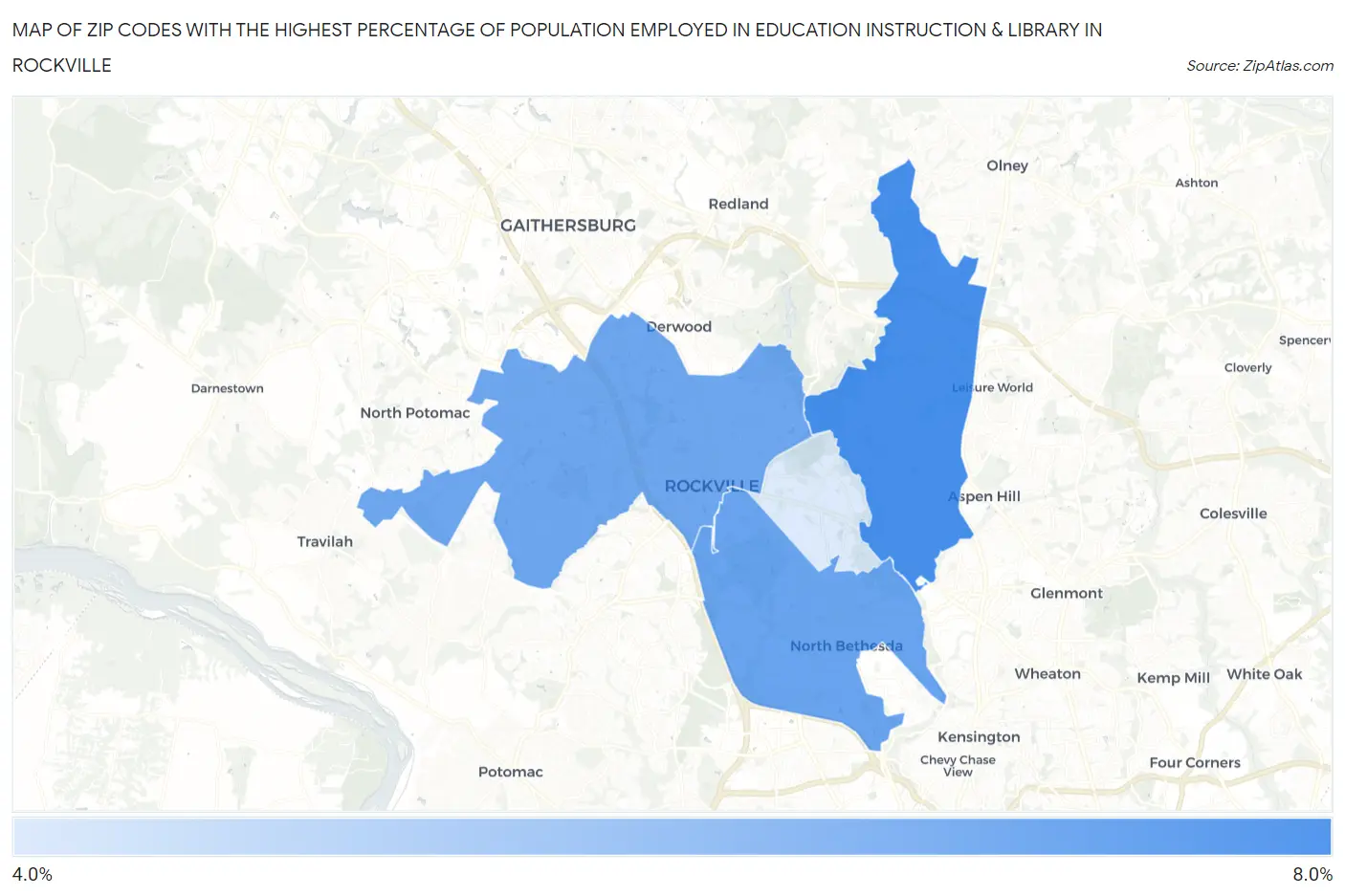 Zip Codes with the Highest Percentage of Population Employed in Education Instruction & Library in Rockville Map
