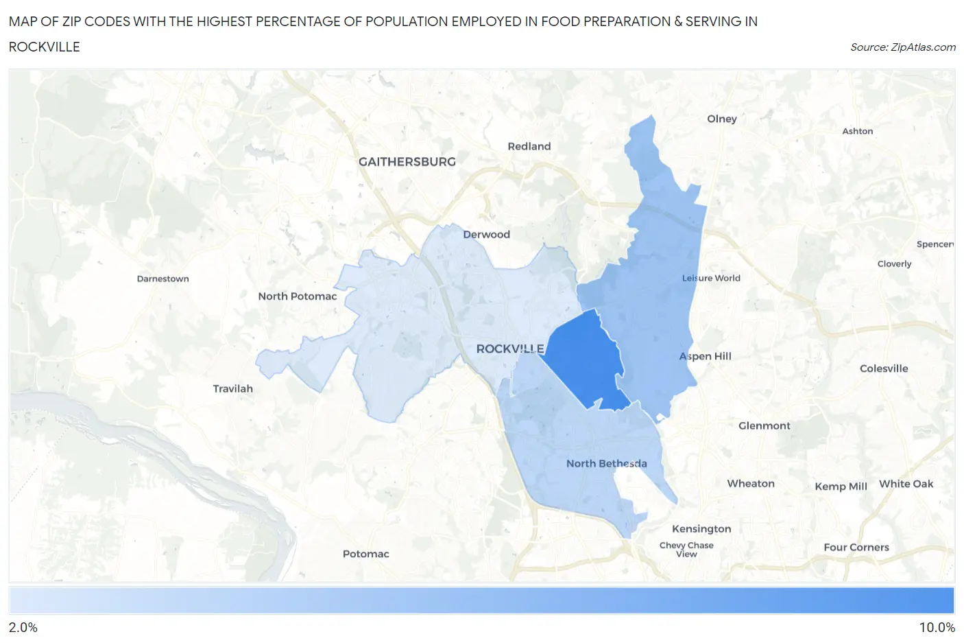 Zip Codes with the Highest Percentage of Population Employed in Food Preparation & Serving in Rockville Map