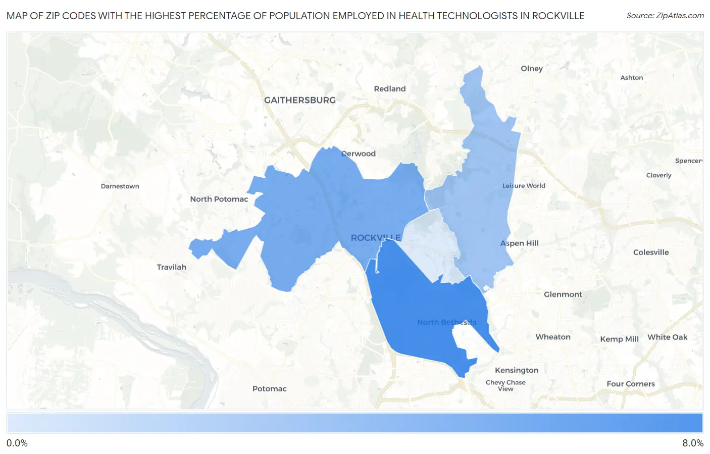 Zip Codes with the Highest Percentage of Population Employed in Health Technologists in Rockville Map