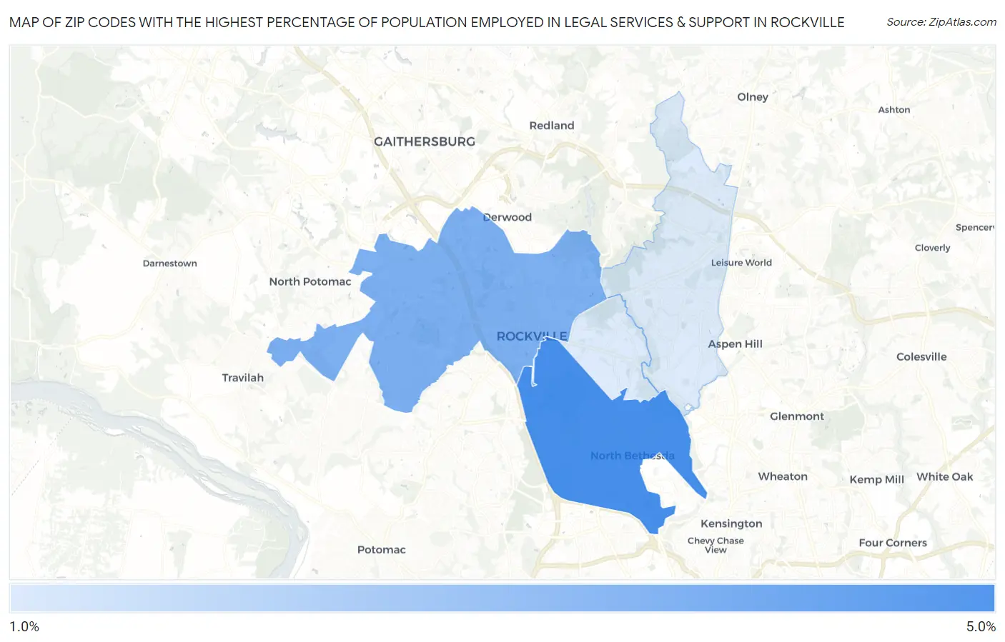 Zip Codes with the Highest Percentage of Population Employed in Legal Services & Support in Rockville Map