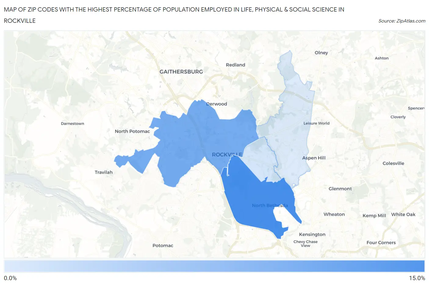 Zip Codes with the Highest Percentage of Population Employed in Life, Physical & Social Science in Rockville Map
