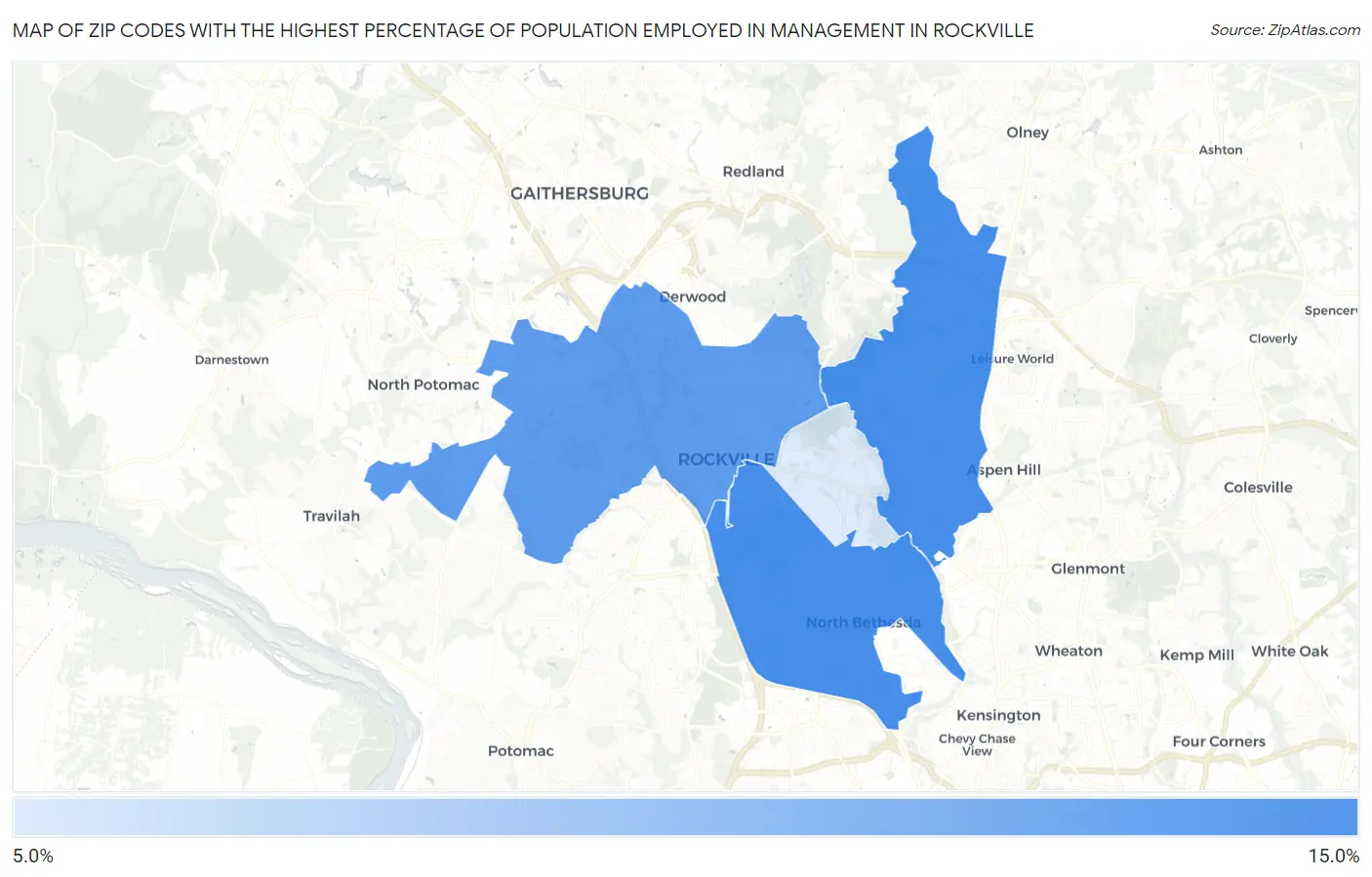Zip Codes with the Highest Percentage of Population Employed in Management in Rockville Map