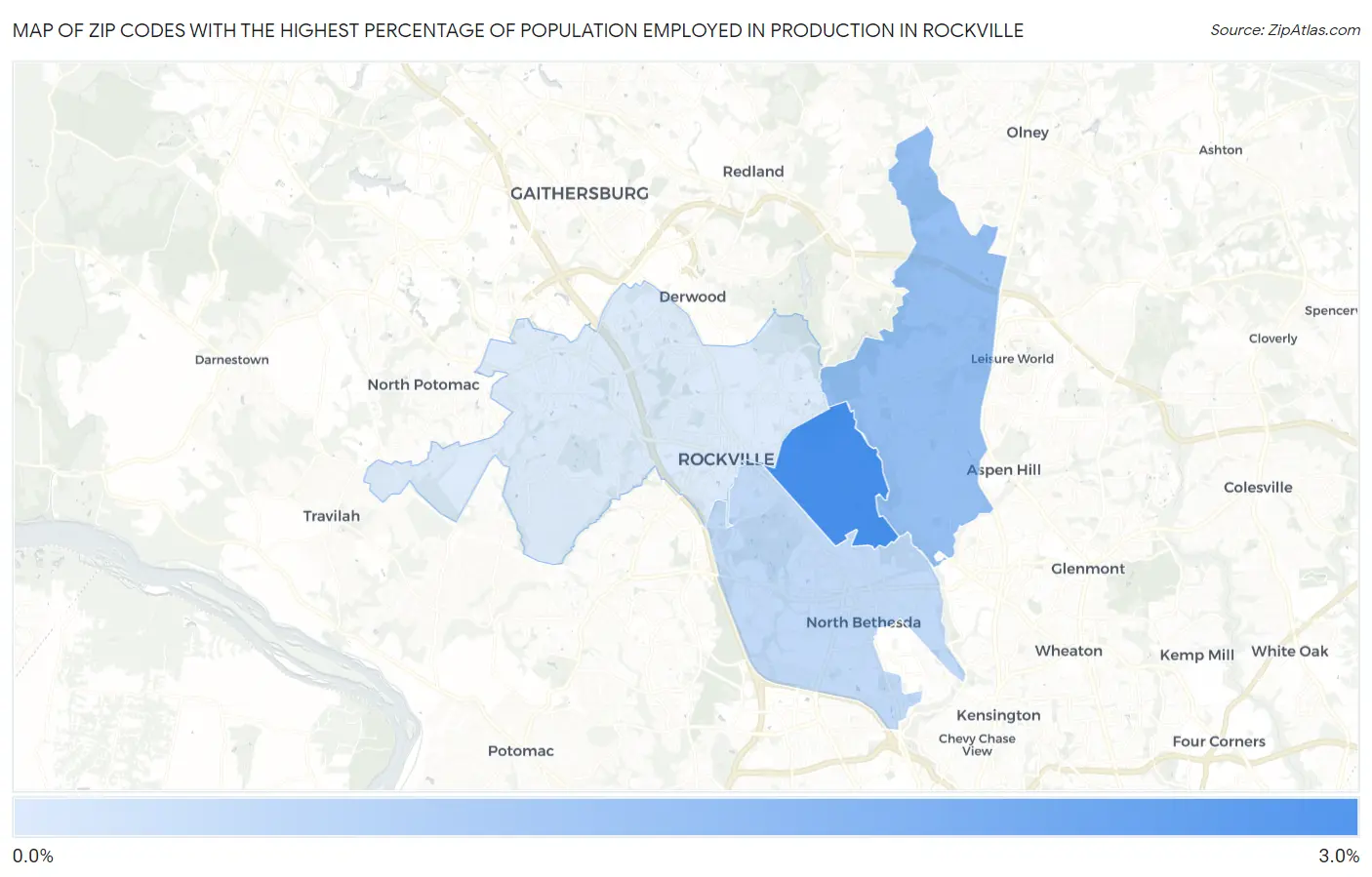 Zip Codes with the Highest Percentage of Population Employed in Production in Rockville Map