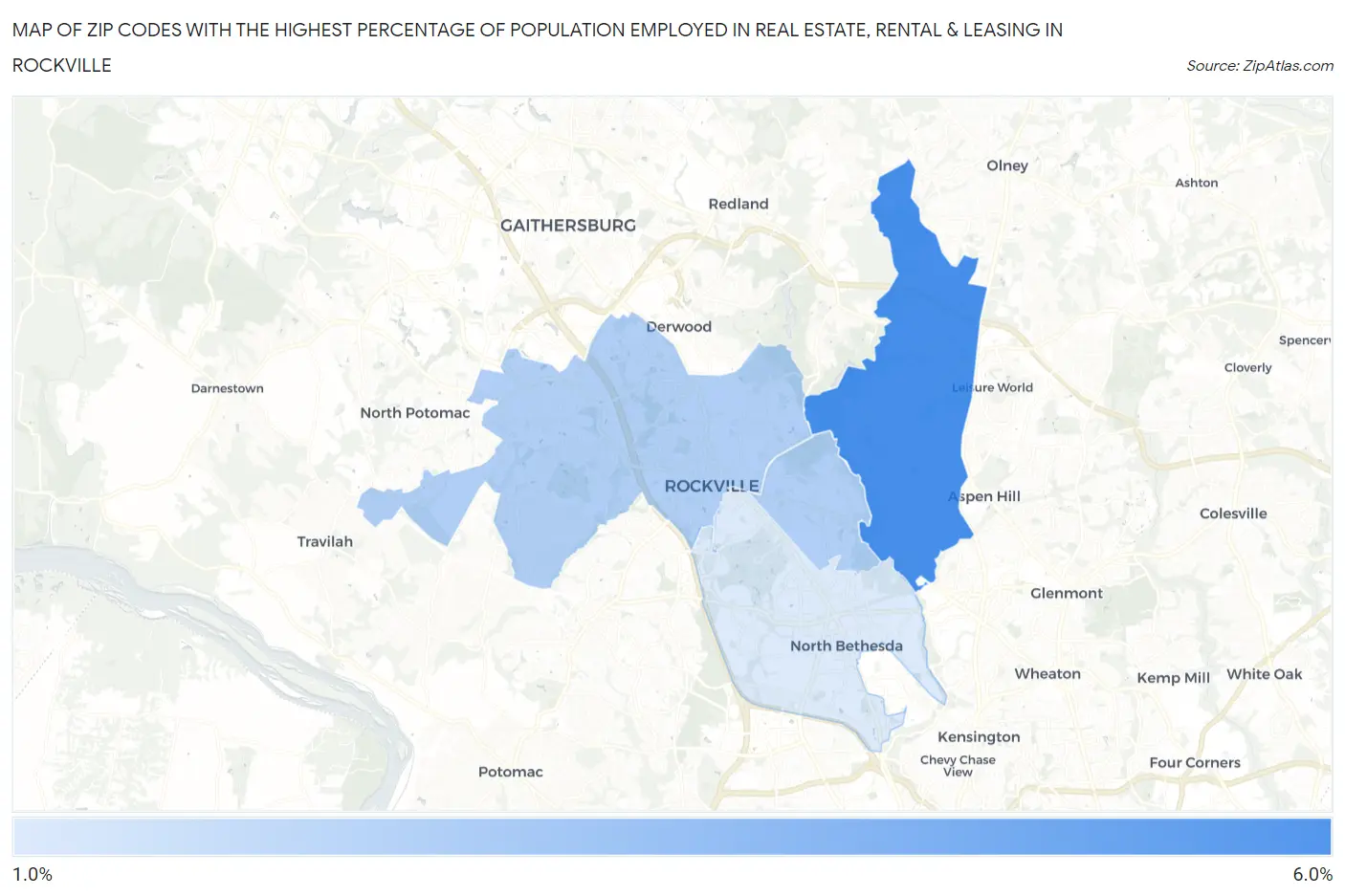 Zip Codes with the Highest Percentage of Population Employed in Real Estate, Rental & Leasing in Rockville Map