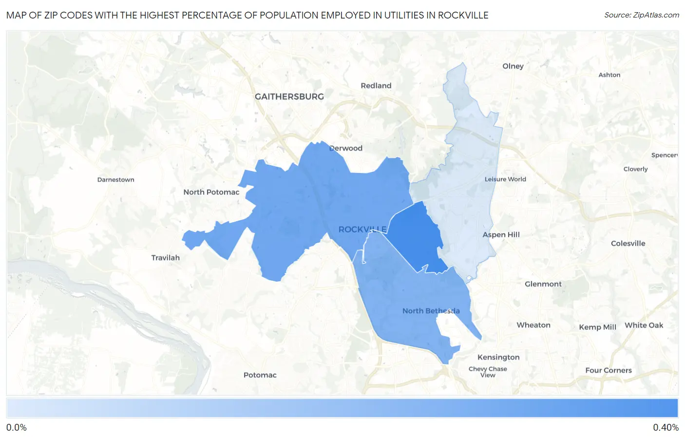 Zip Codes with the Highest Percentage of Population Employed in Utilities in Rockville Map