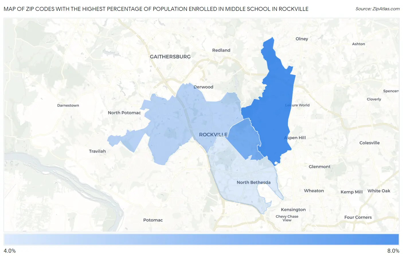 Zip Codes with the Highest Percentage of Population Enrolled in Middle School in Rockville Map