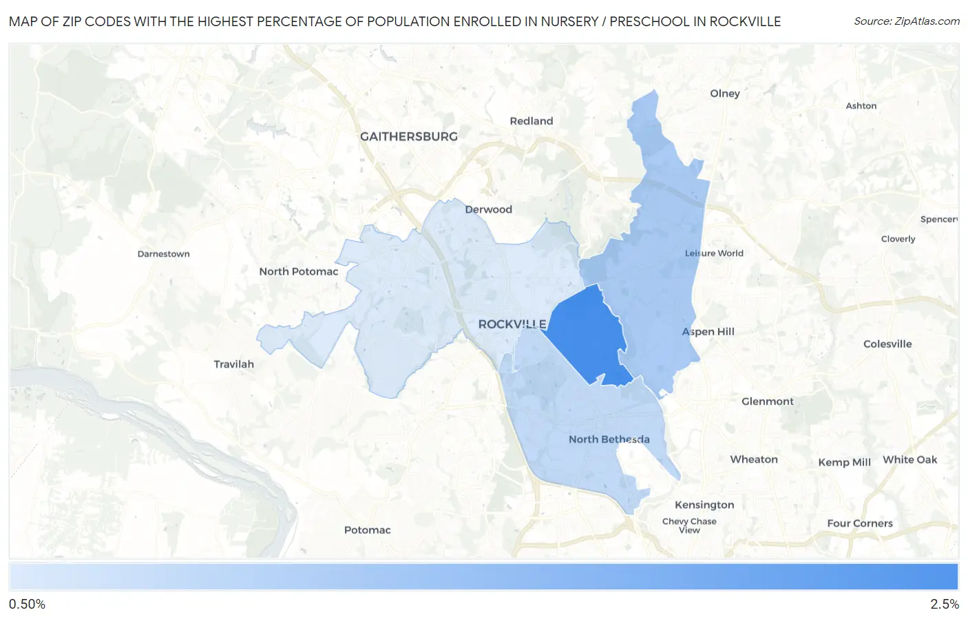 Zip Codes with the Highest Percentage of Population Enrolled in Nursery / Preschool in Rockville Map