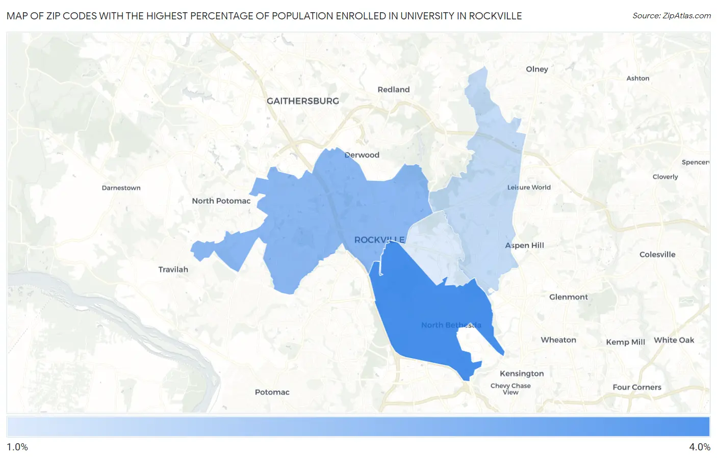 Zip Codes with the Highest Percentage of Population Enrolled in University in Rockville Map
