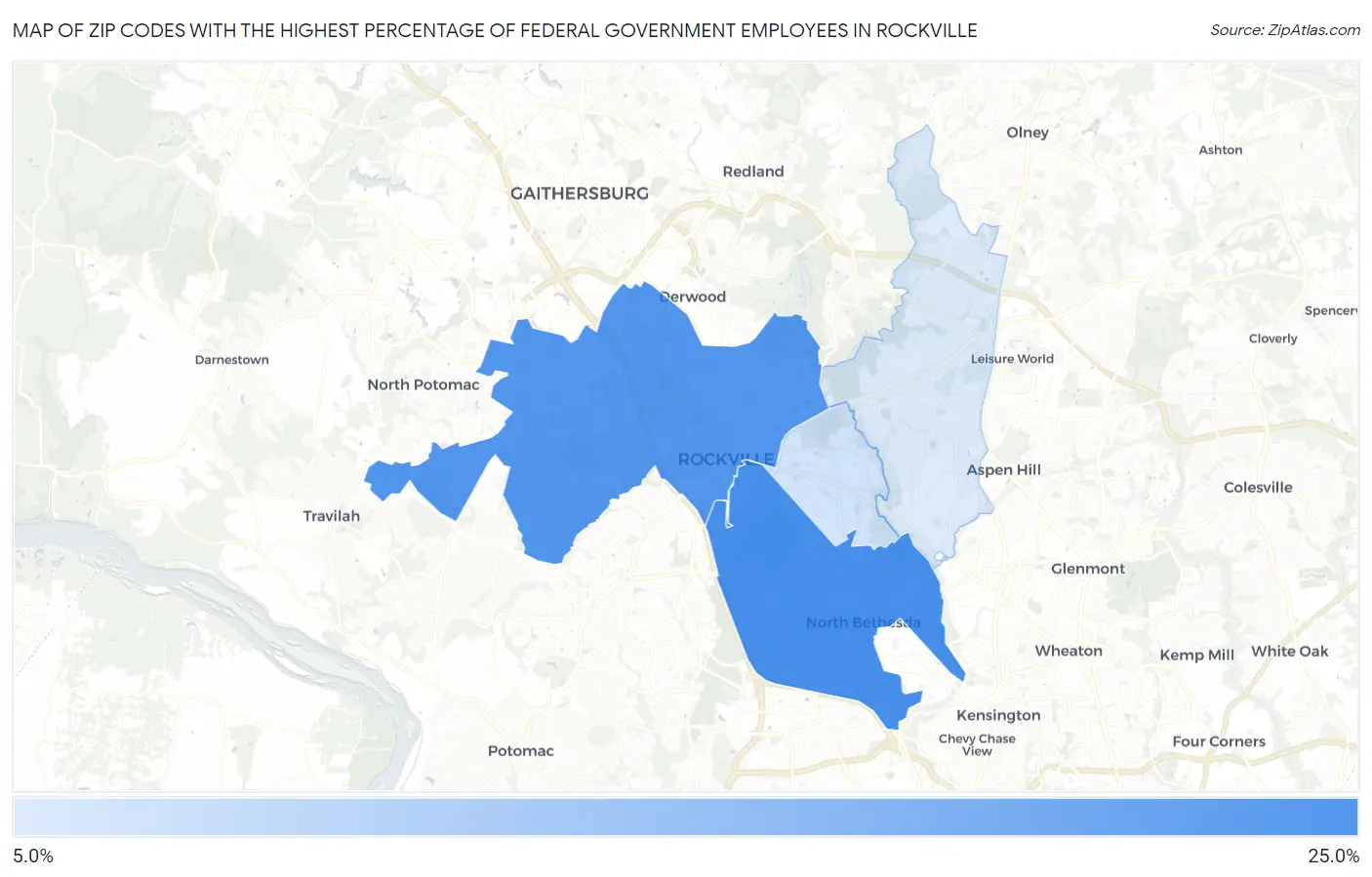 Zip Codes with the Highest Percentage of Federal Government Employees in Rockville Map